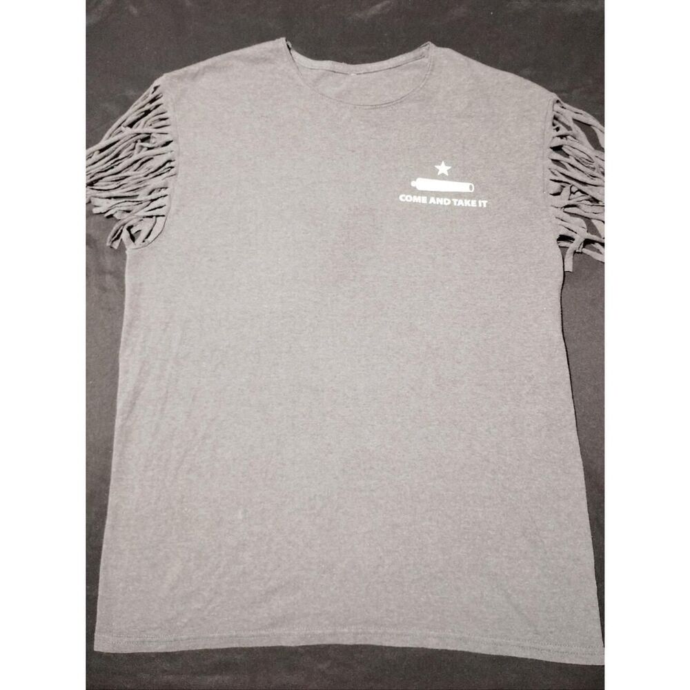 Unique Grey Sleeveless Fringed Distressed Texas "Come and Take It" Cutoff Tee